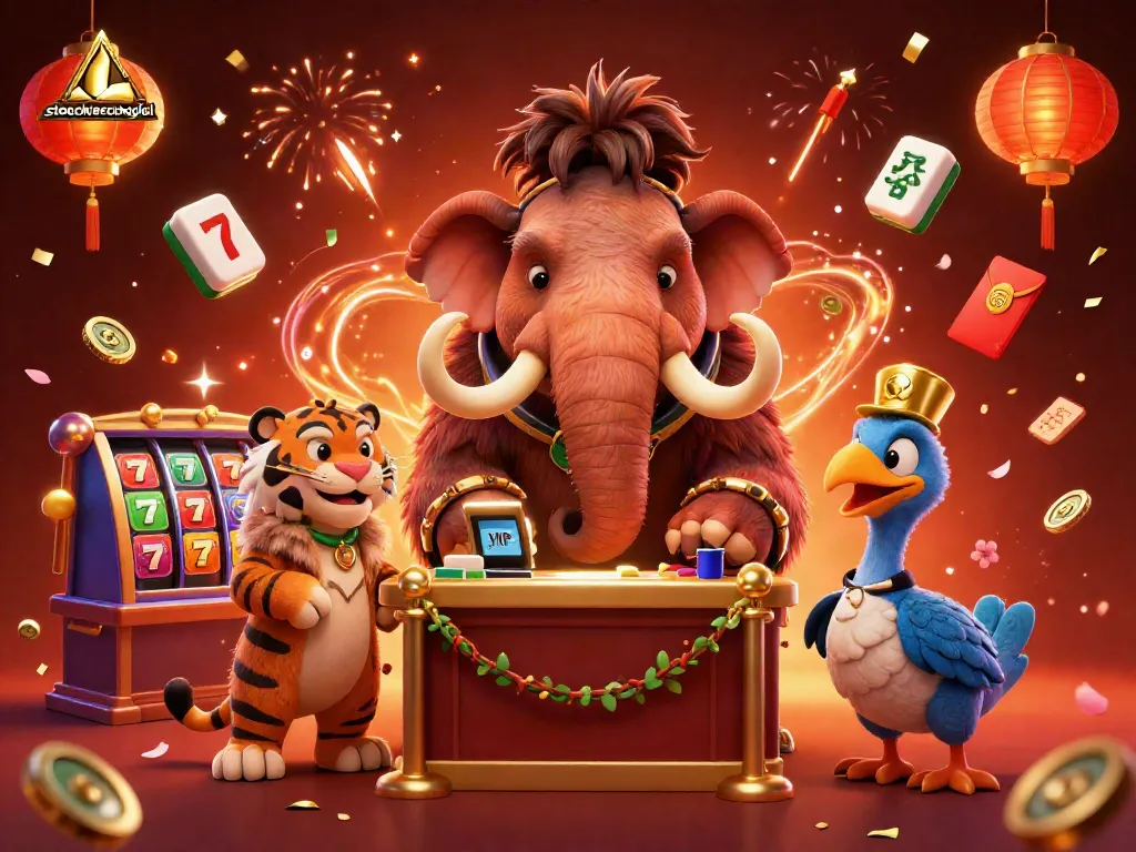 Stoeckerecological’s virtual casino scene featuring a woolly mammoth bouncer and dynamic gaming elements.