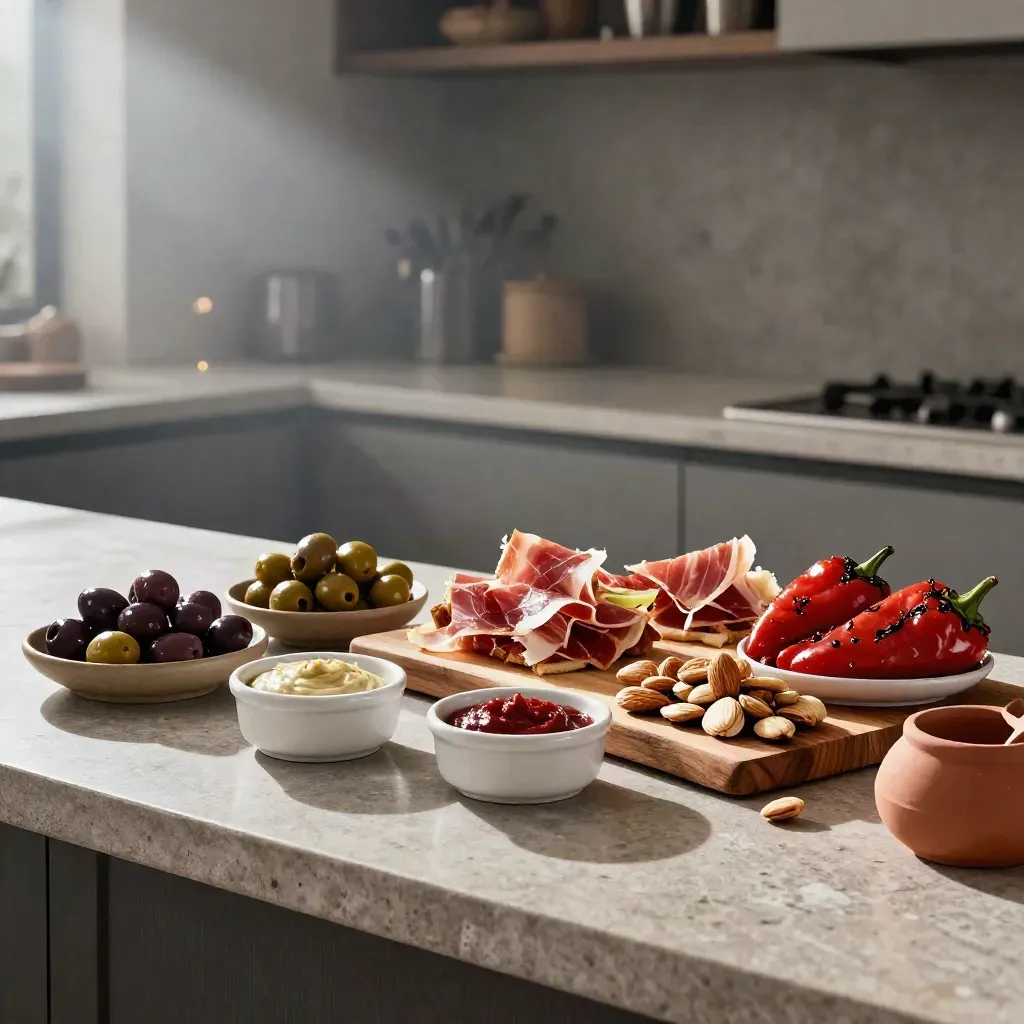 Caja de tapas abierta con aceitunas, queso y embutidos sobre piedra oscura