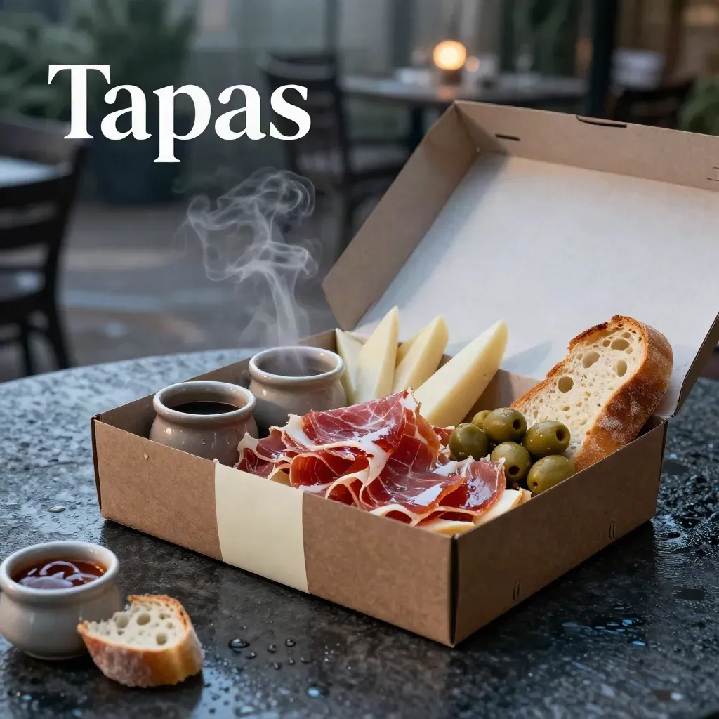 Caja de tapas abierta con jamón, queso, aceitunas y salsas sobre piedra húmeda al atardecer.