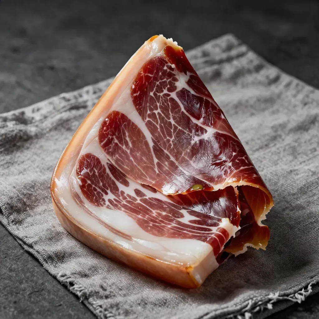 Jamón ibérico loncheado en paquete sellado, con pliegues brillantes sobre fondo neutro.