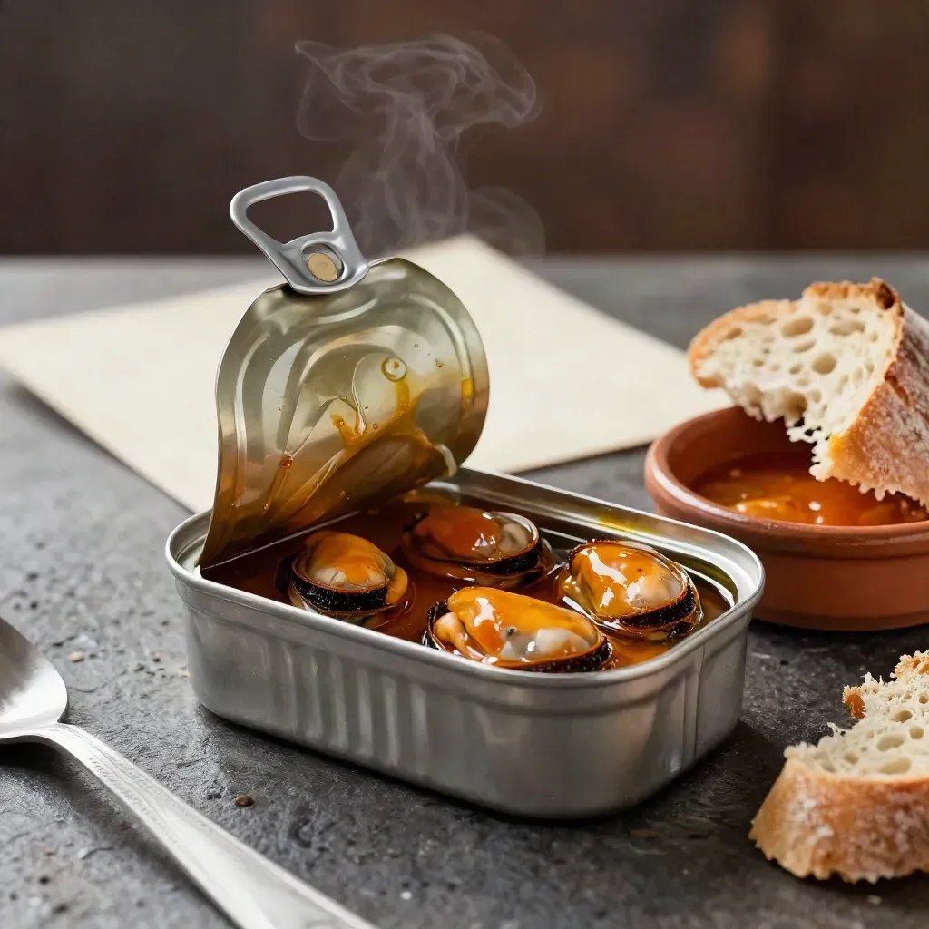 Lata abierta de mejillones en escabeche con pan crujiente y salsa brillante.