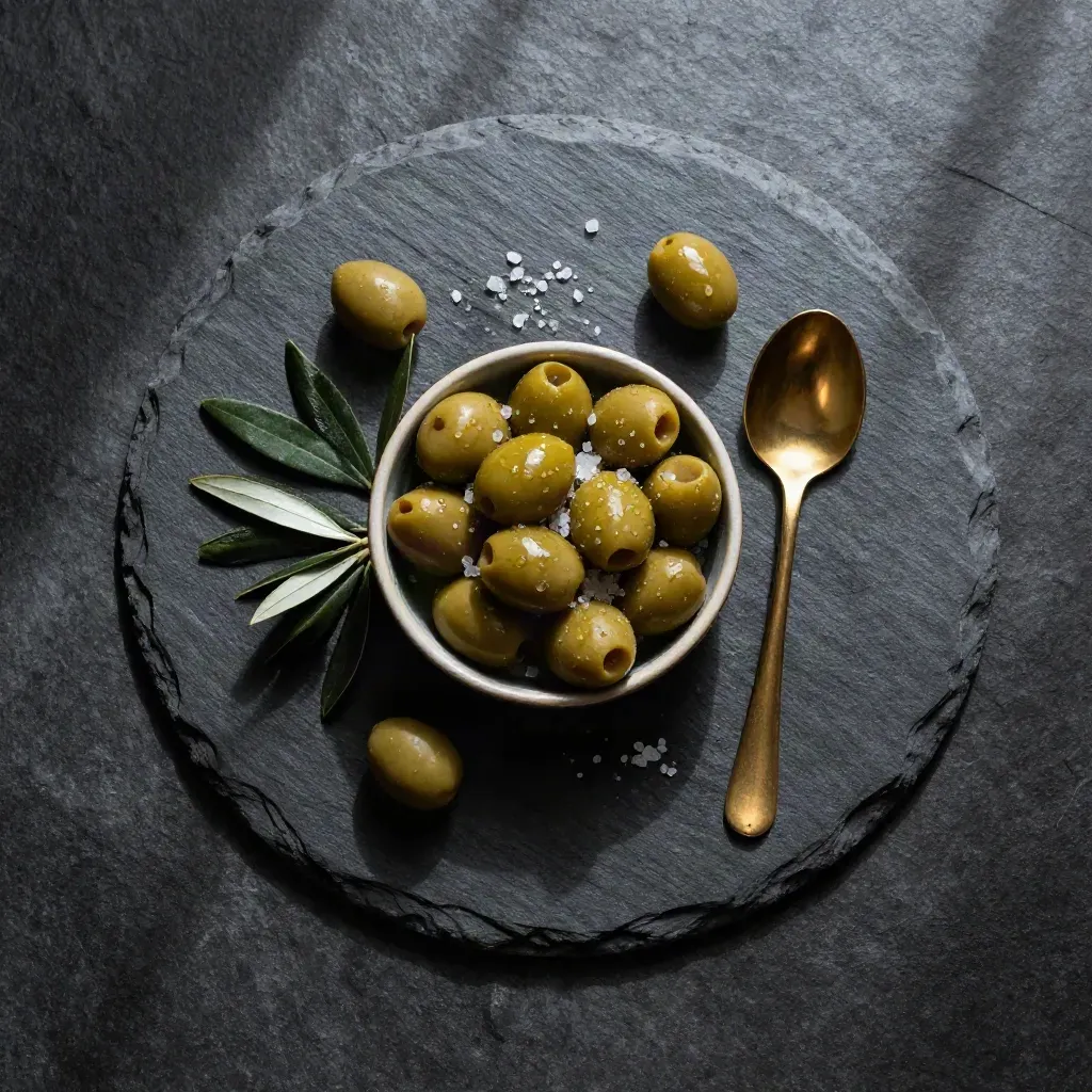 Aceitunas verdes en cuenco sobre pizarra mojada con hojas de olivo y sal gruesa