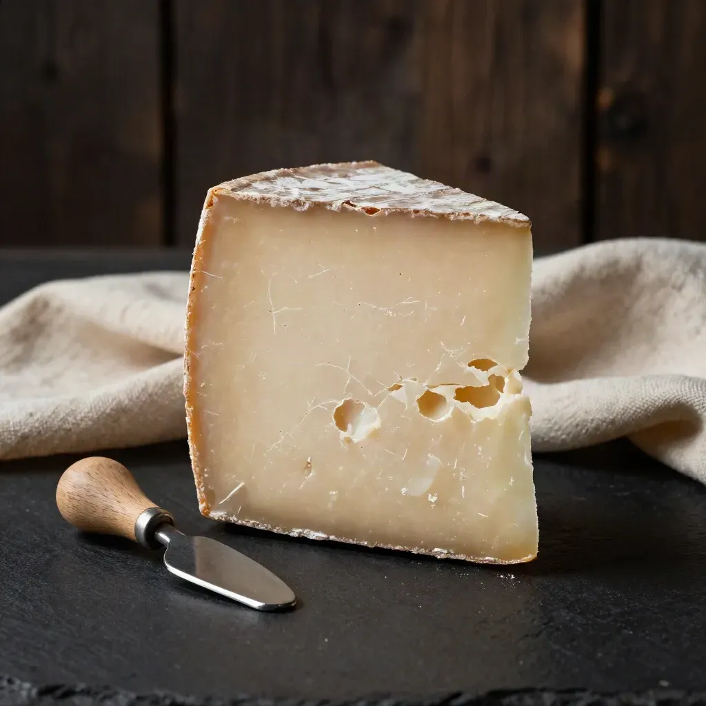 Cuña de queso manchego curado con migas y cuchillo sobre fondo oscuro, luz dramática.