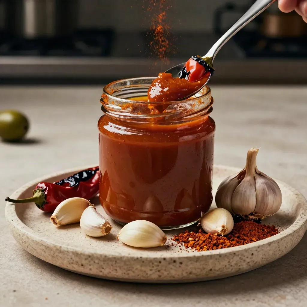 Tarro de salsa brava artesanal con pimientos asados, ajo y migas de pimentón sobre travertino.