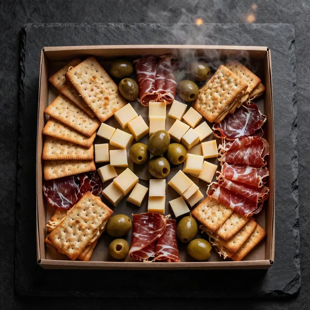 Caja abierta de picoteo con tapas mixtas, aceitunas, queso, crackers y embutidos en cenital.