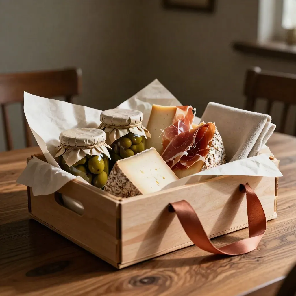Cesta regalo de tapas abierta con jamón, queso, conservas y servilleta de lino sobre mesa cálida.