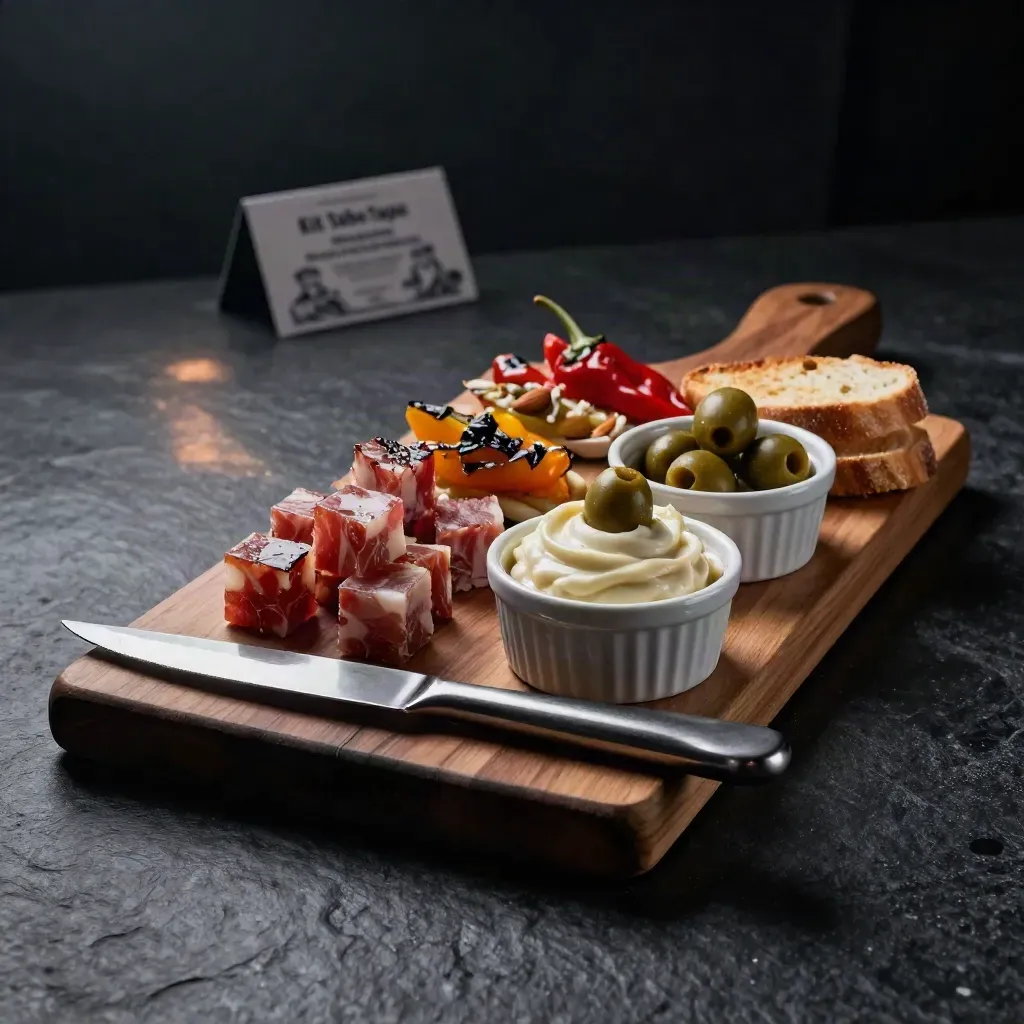 Kit de tabla de tapas con tabla de madera, ramequines y aperitivos sobre fondo oscuro