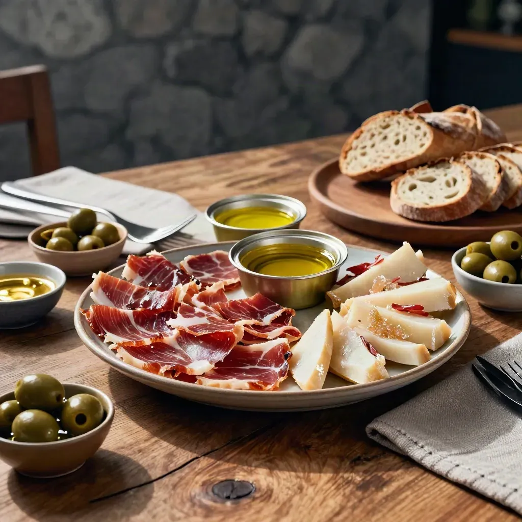 Mesa abundante de tapas con jamón, queso, conservas, pan crujiente y aceitunas