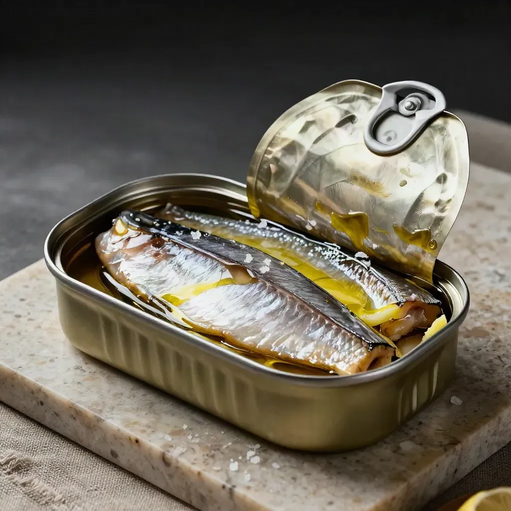 Lata abierta de anchoas del Cantábrico con brillo de aceite y ralladura de limón sobre fondo oscuro.