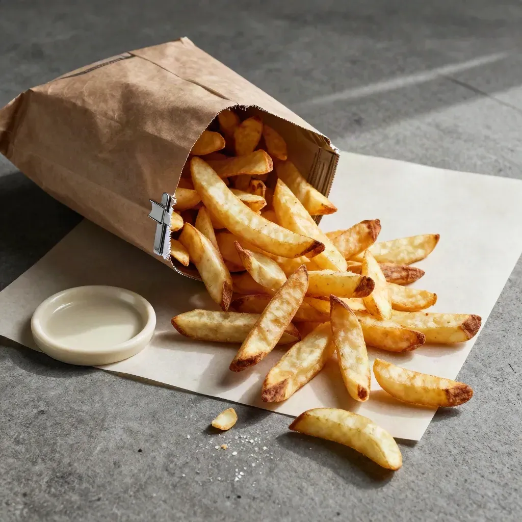 Bolsa de patatas rizadas derramándose sobre papel con un cuenco crema y migas