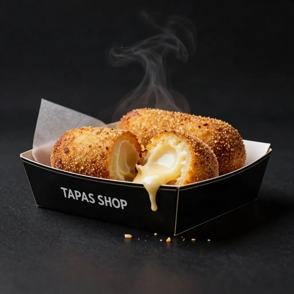 Caja de croquetas de jamón abierta, una partida y humeante sobre fondo negro.