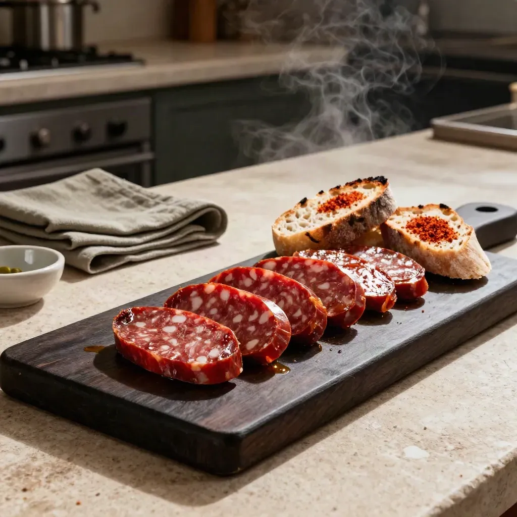Chorizo ibérico picante en rodajas con pan rústico sobre tabla oscura, luz cálida y aire especiado.