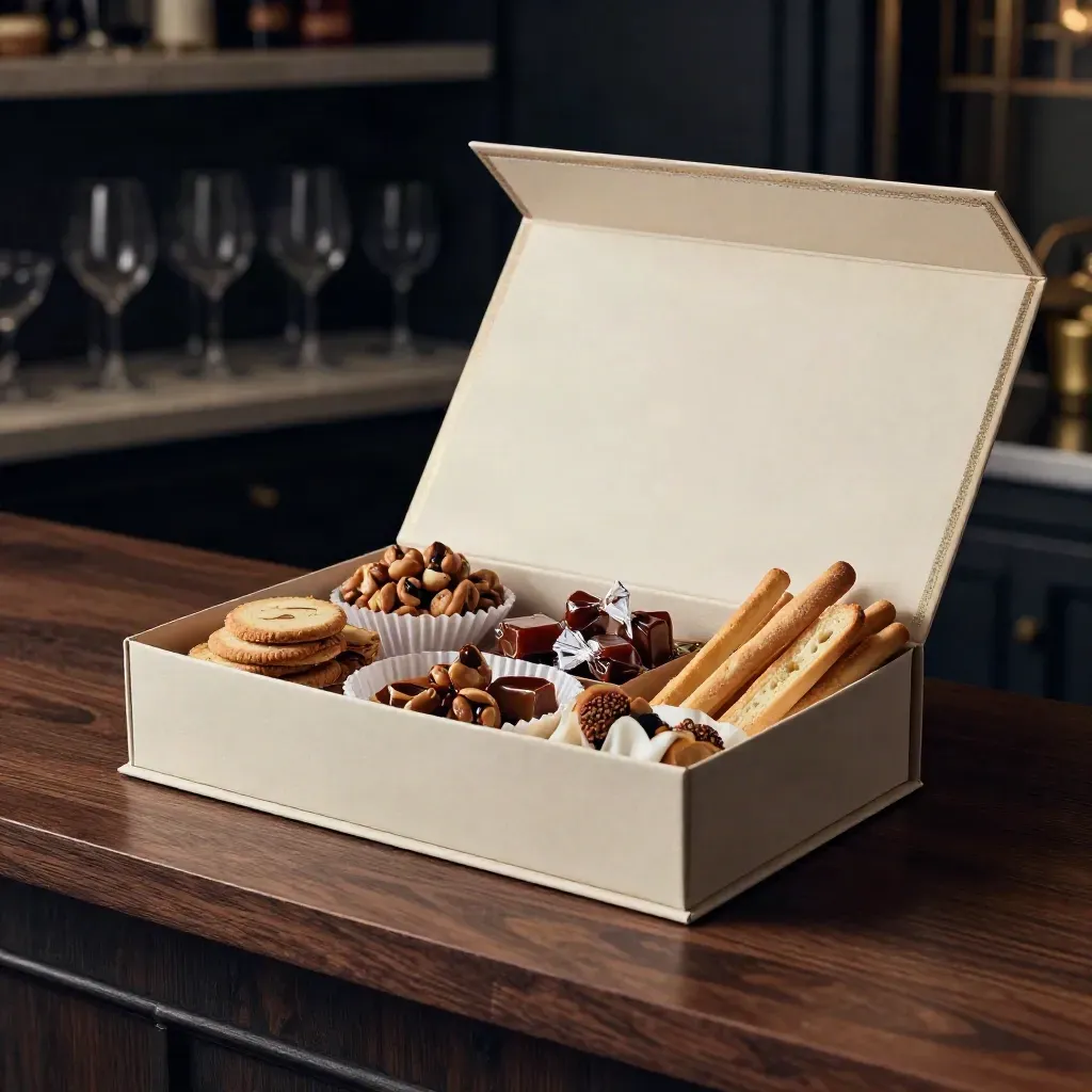 Caja regalo abierta con dulces y salados gourmet sobre una encimera oscura