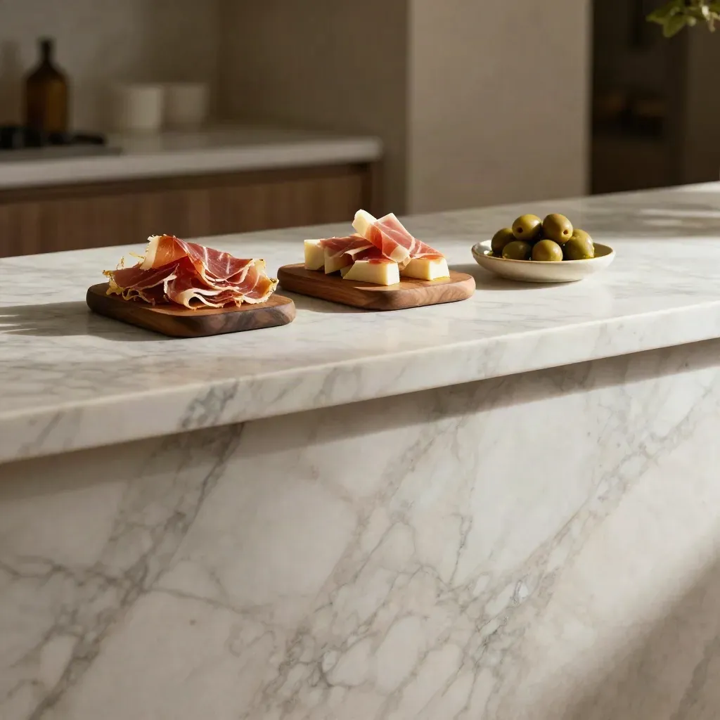 Tablas de tapas con aceitunas y queso sobre encimera de mármol, luz cálida y fondo mediterráneo suave