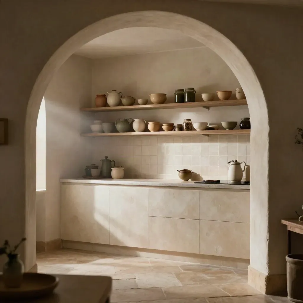 Arco de piedra con cocina de azulejos, cerámicas y conservas en luz cálida.