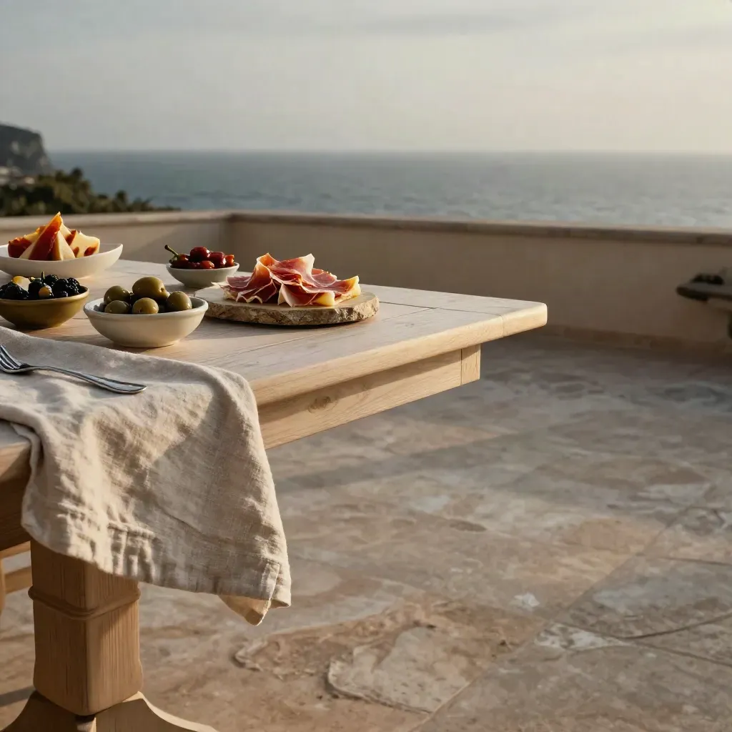 Patio costero con mesa de tapas, jamón, quesos y luz dorada sobre el mar.