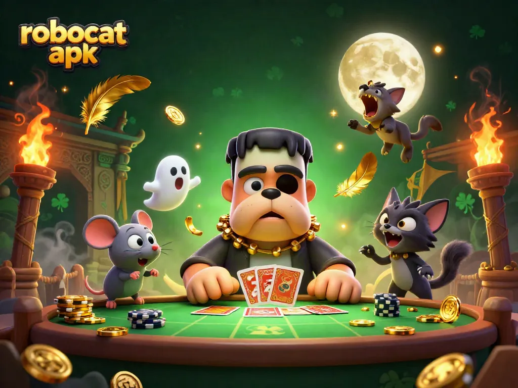 Play the exciting robocat apk at a vibrant casino table featuring lively characters.