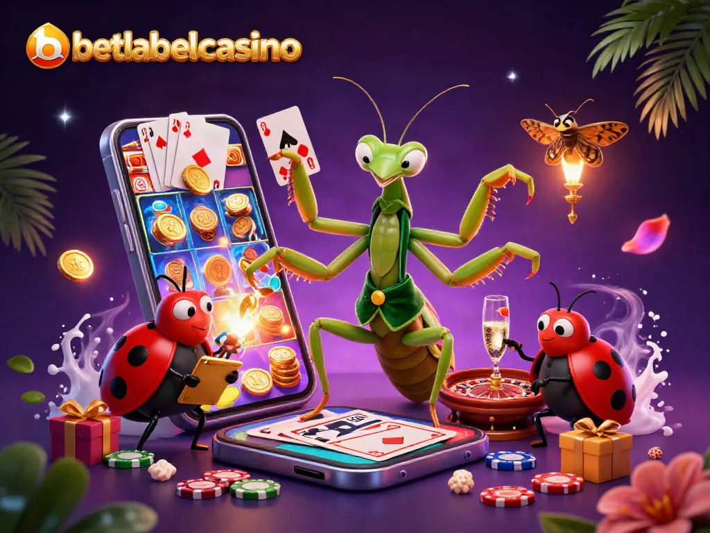 Engaging illustration with characters showcasing betlabelcasino game elements like slots and roulette.